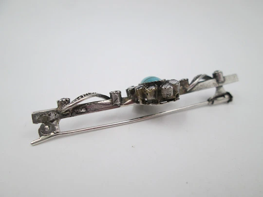 Women's pin brooch. Sterling silver, White sapphires & turquoise stone. 1980's