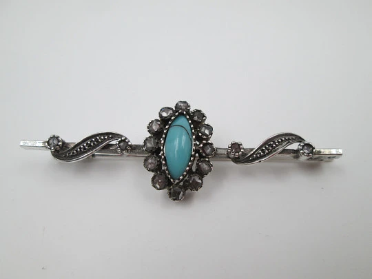 Women's pin brooch. Sterling silver, White sapphires & turquoise stone. 1980's