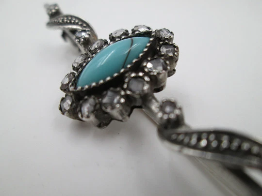 Women's pin brooch. Sterling silver, White sapphires & turquoise stone. 1980's