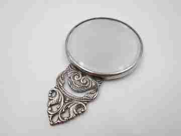 Women's pocket mirror. Silver plated metal. Dance scene. Openwork handle. Holland. 1950's