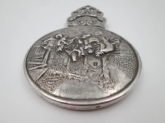 Women's pocket mirror. Silver plated metal. Dance scene. Openwork handle. Holland. 1950's