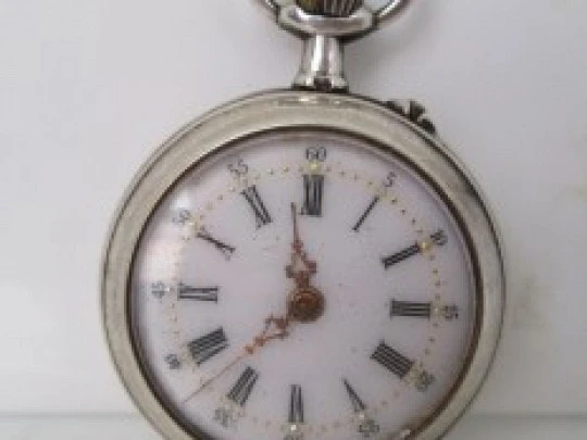 Women's pocket watch. Sterling silver. Porcelain dial. Stem-wind