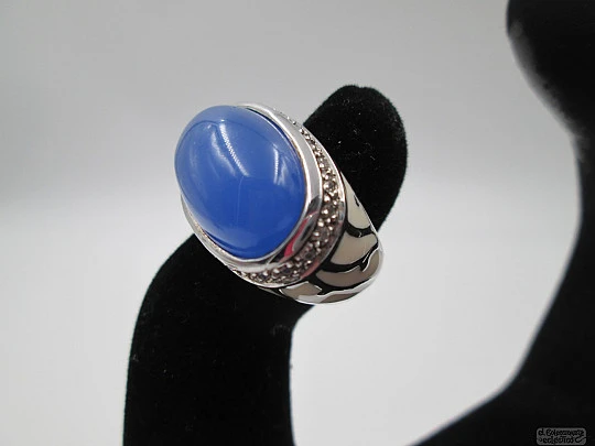 Women's ring. 925 sterling silver. Blue gem, white enamel & rhinestones