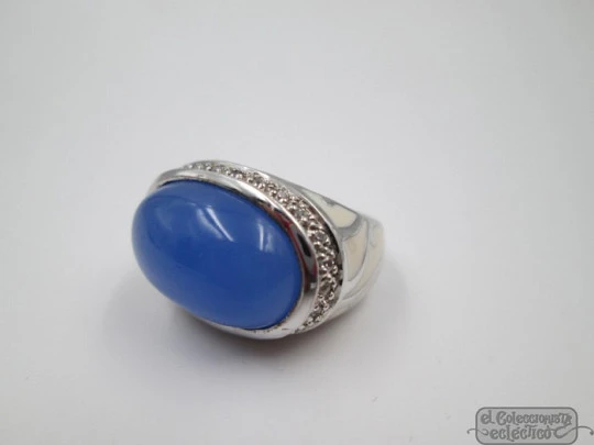 Women's ring. 925 sterling silver. Blue gem, white enamel & rhinestones