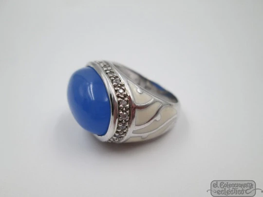 Women's ring. 925 sterling silver. Blue gem, white enamel & rhinestones