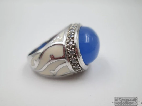 Women's ring. 925 sterling silver. Blue gem, white enamel & rhinestones