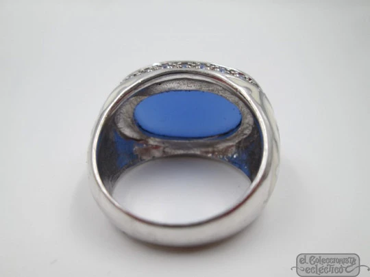 Women's ring. 925 sterling silver. Blue gem, white enamel & rhinestones