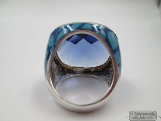 Women's ring. 925 sterling silver. Faceted gem & blue enamel. Spain. 1990's