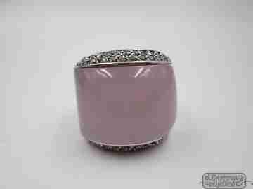 Women's ring. 925 sterling silver. Pink gem & rhinestones. Spain. 1990's