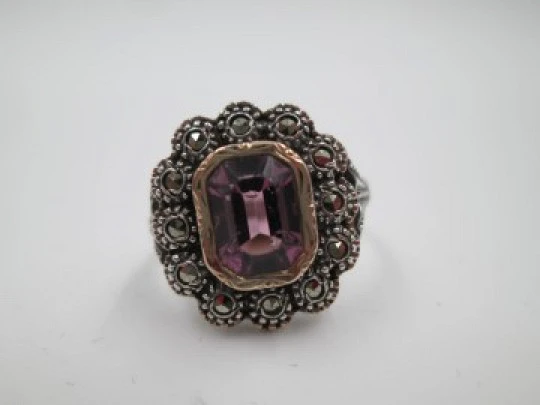 Women's ring. Silver and gold edge. Violet stone & marcasite gems