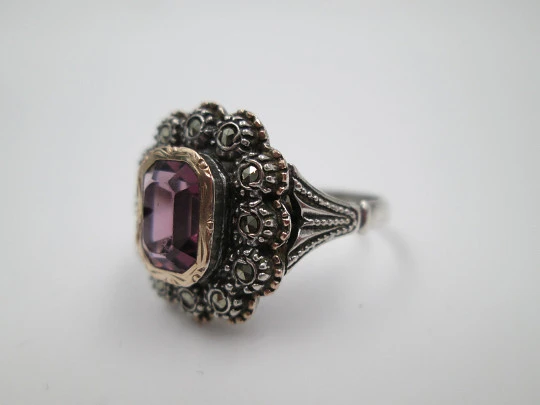 Women's ring. Silver and gold edge. Violet stone & marcasite gems