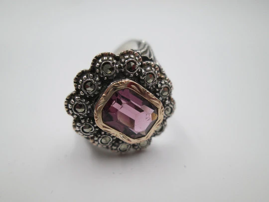 Women's ring. Silver and gold edge. Violet stone & marcasite gems