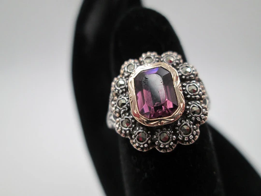 Women's ring. Silver and gold edge. Violet stone & marcasite gems