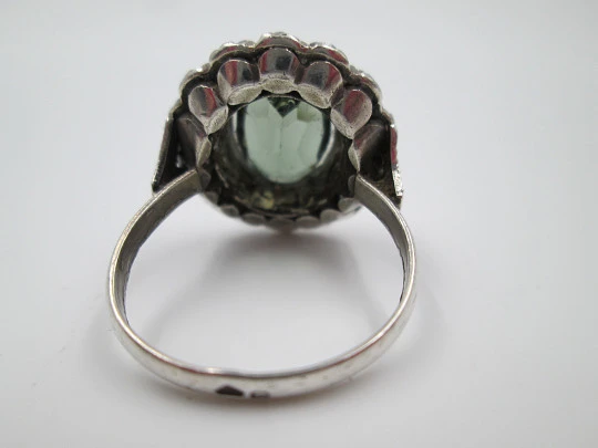 Women's ring. Sterling silver and gold edge. Green stone & marcasite gems