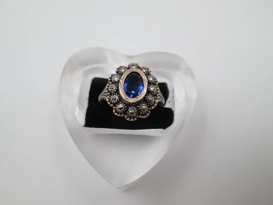 Women's ring. Sterling silver, marcasite and blue gem. Gold edge. 1980. Europe