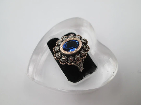 Women's ring. Sterling silver, marcasite and blue gem. Gold edge. 1980. Europe