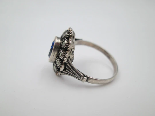 Women's ring. Sterling silver, marcasite and blue gem. Gold edge. 1980. Europe