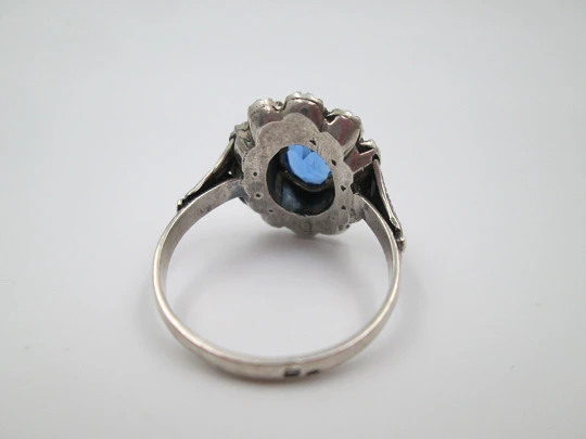 Women's ring. Sterling silver, marcasite and blue gem. Gold edge. 1980. Europe