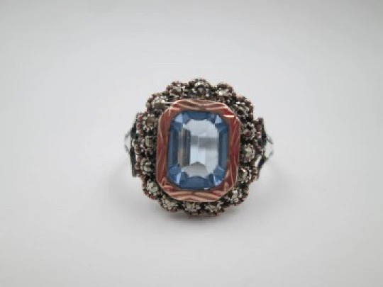 Women's ring. Sterling silver, marcasite and light blue gem. Gold edge. 1980