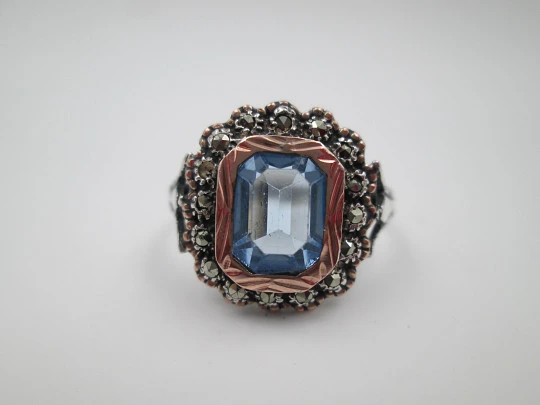Women's ring. Sterling silver, marcasite and light blue gem. Gold edge. 1980
