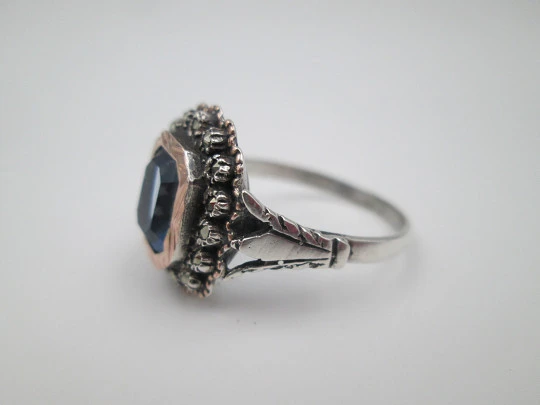 Women's ring. Sterling silver, marcasite and light blue gem. Gold edge. 1980