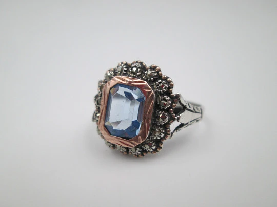 Women's ring. Sterling silver, marcasite and light blue gem. Gold edge. 1980