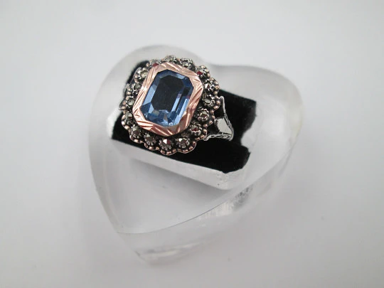 Women's ring. Sterling silver, marcasite and light blue gem. Gold edge. 1980