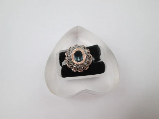 Women's ring. Sterling silver, marcasite stones and blue gem. Gold trims. Portugal. 1980's