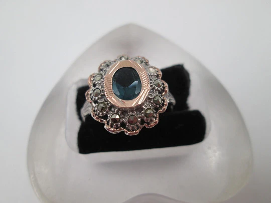 Women's ring. Sterling silver, marcasite stones and blue gem. Gold trims. Portugal. 1980's
