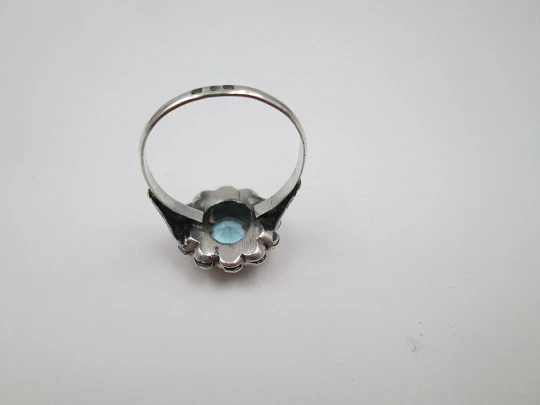 Women's ring. Sterling silver, marcasite stones and blue gem. Gold trims. Portugal. 1980's