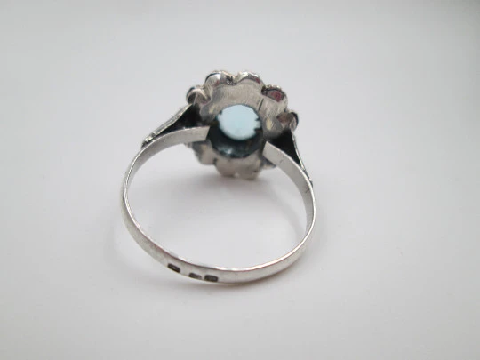 Women's ring. Sterling silver, marcasite stones and blue gem. Gold trims. Portugal. 1980's