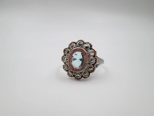Women's ring. Sterling silver, marcasite stones and blue gem. Gold trims. Portugal. 1980's