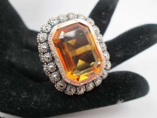 Women's ring. Sterling silver, yellow topaz and marcasite gems. Gold edge. 1980's Women's ring. Sterling silver, yellow topaz and marcasite gems. Gold edge. 1980's
