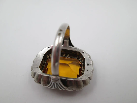 Women's ring. Sterling silver, yellow topaz and marcasite gems. Gold edge. 1980's Women's ring. Sterling silver, yellow topaz and marcasite gems. Gold edge. 1980's