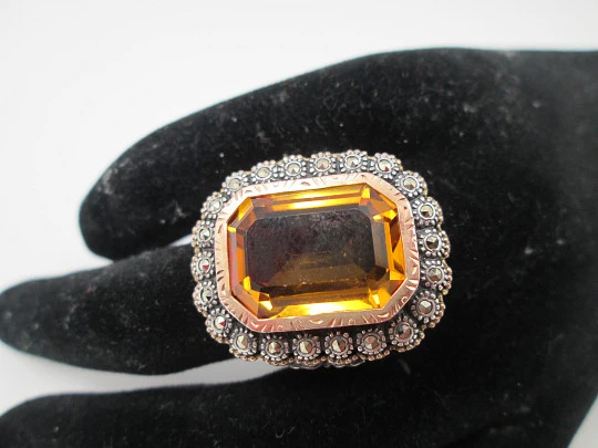 Women's ring. Sterling silver, yellow topaz and marcasite gems. Gold edge. 1980's Women's ring. Sterling silver, yellow topaz and marcasite gems. Gold edge. 1980's
