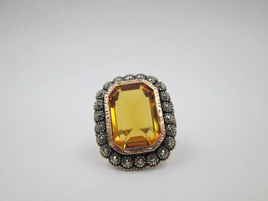 Women's ring. Sterling silver, yellow topaz and marcasite gems. Gold edge. 1980's Women's ring. Sterling silver, yellow topaz and marcasite gems. Gold edge. 1980's