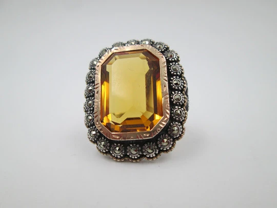 Women's ring. Sterling silver, yellow topaz and marcasite gems. Gold edge. 1980's Women's ring. Sterling silver, yellow topaz and marcasite gems. Gold edge. 1980's