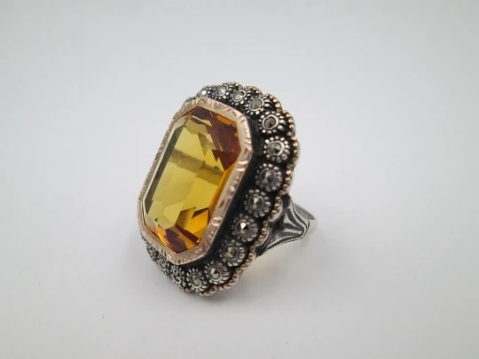 Women's ring. Sterling silver, yellow topaz and marcasite gems. Gold edge. 1980's Women's ring. Sterling silver, yellow topaz and marcasite gems. Gold edge. 1980's