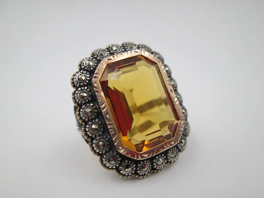 Women's ring. Sterling silver, yellow topaz and marcasite gems. Gold edge. 1980's Women's ring. Sterling silver, yellow topaz and marcasite gems. Gold edge. 1980's