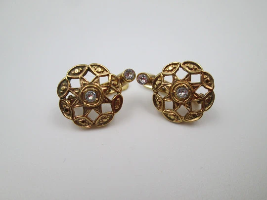 Women's rosette earrings. Vermeil silver & white gems. French clasp