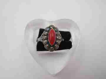 Women's shuttle ring. Sterling silver and gold edge. Marcasite and red coral. 1980. Europe