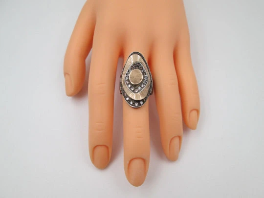 Women's shuttle ring. Sterling silver and pink gold. White & amber rhinestones. 2000's