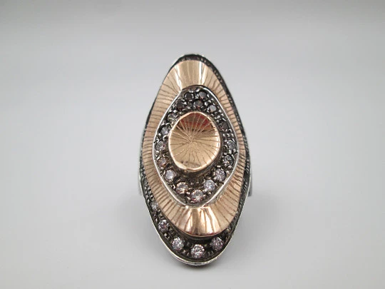 Women's shuttle ring. Sterling silver and pink gold. White & amber rhinestones. 2000's