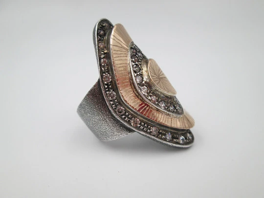 Women's shuttle ring. Sterling silver and pink gold. White & amber rhinestones. 2000's