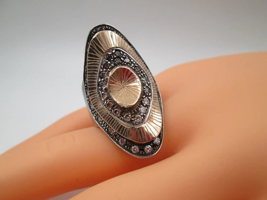 Women's shuttle ring. Sterling silver and pink gold. White & amber rhinestones. 2000's