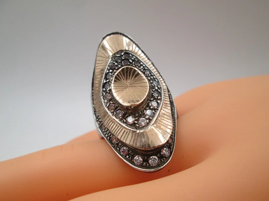 Women's shuttle ring. Sterling silver and pink gold. White & amber rhinestones. 2000's