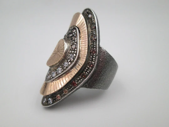 Women's shuttle ring. Sterling silver and pink gold. White & amber rhinestones. 2000's