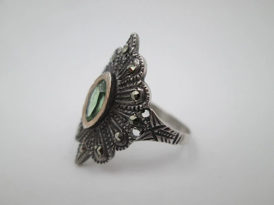 Women's shuttle ring. Sterling silver, marcasite and tourmaline. Gold edge. 1980