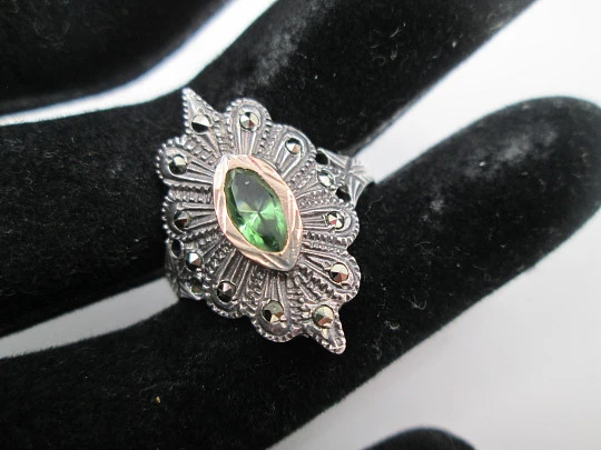 Women's shuttle ring. Sterling silver, marcasite and tourmaline. Gold edge. 1980