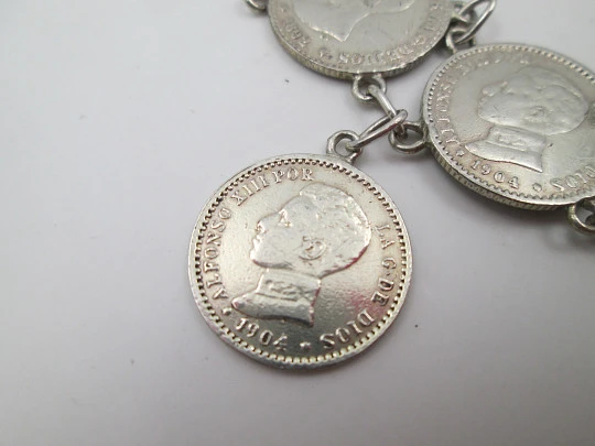 Women's spanish 50 cents coins  articulated bracelet with pendant. Sterling silver. 1900's
